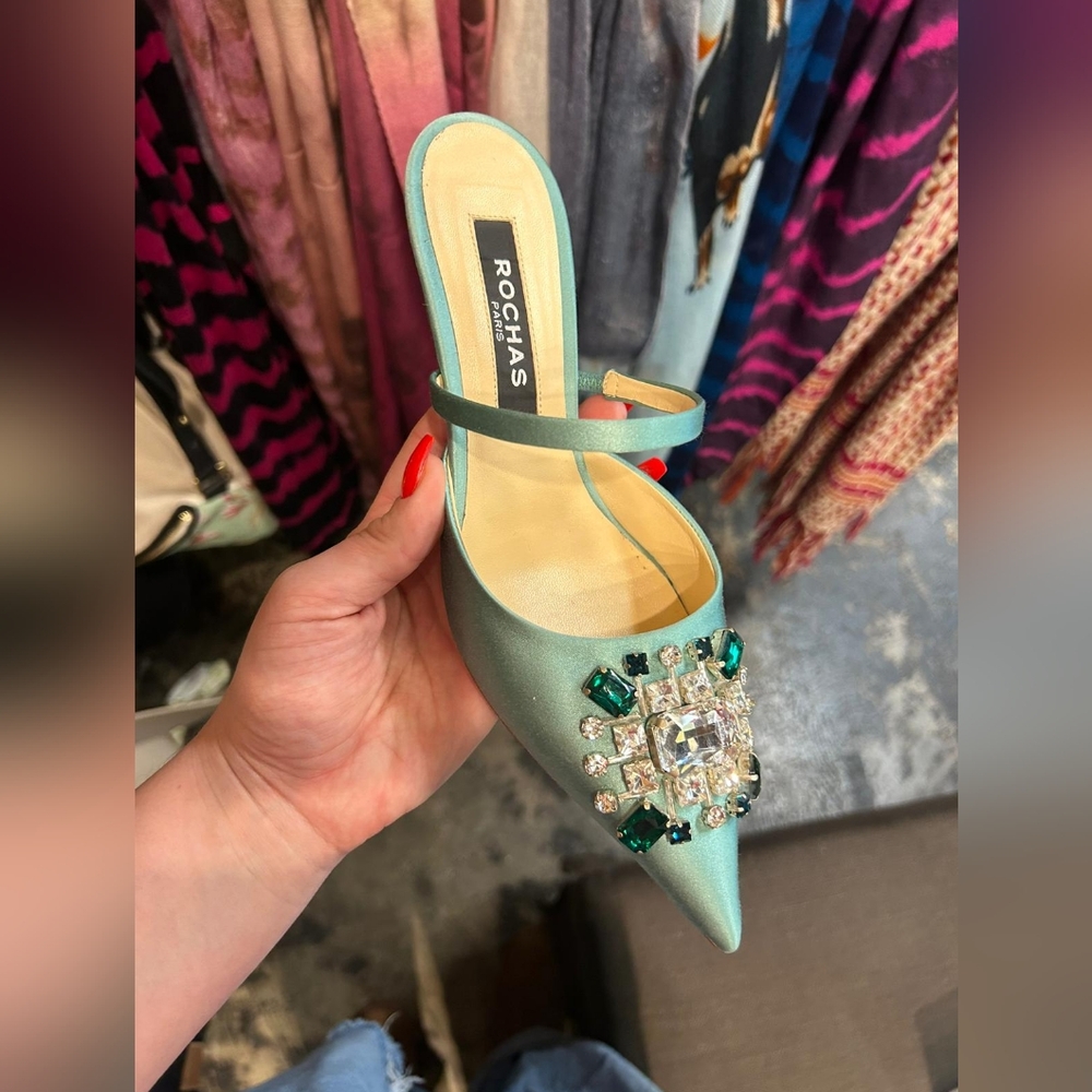 Sz 36 NIB $895 Rochas Green Embellished Women's Mules